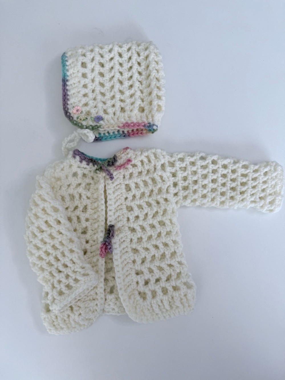 Vintage Handmade Crochet Vintage Baby Girl Sweater and Bonnet Set-Size 6-9 mos